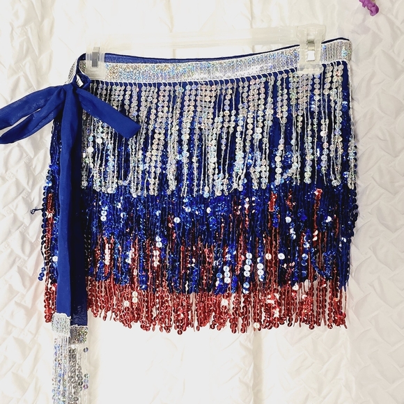 Sequins Belly Dancer Skirt Red White Blue Rodeo Belt Over Jeans - Picture 2 of 3